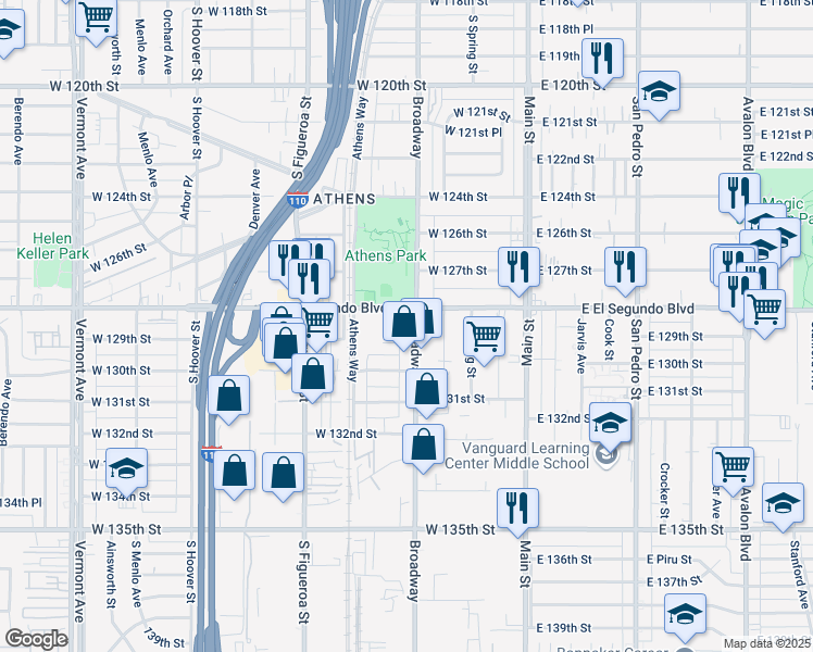 map of restaurants, bars, coffee shops, grocery stores, and more near 251 West El Segundo Boulevard in Los Angeles