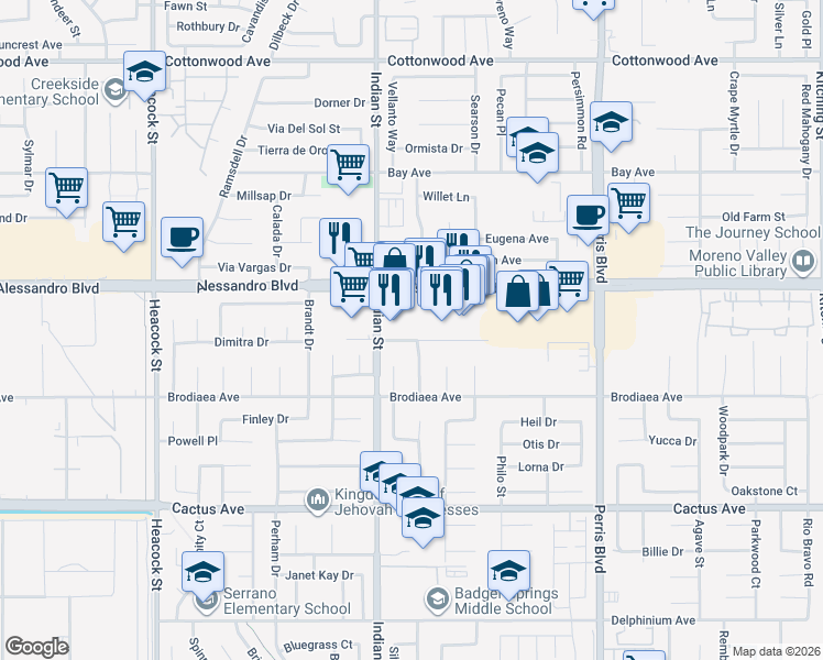 map of restaurants, bars, coffee shops, grocery stores, and more near 24549 Alessandro Boulevard in Moreno Valley