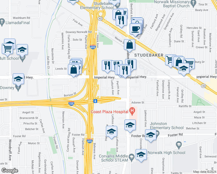 map of restaurants, bars, coffee shops, grocery stores, and more near 12642 Halcourt Avenue in Norwalk