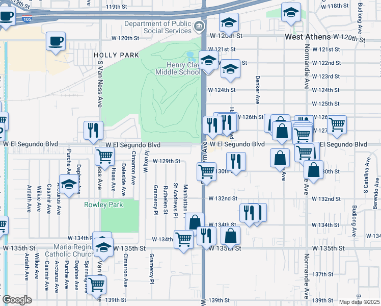 map of restaurants, bars, coffee shops, grocery stores, and more near 1818 West El Segundo Boulevard in Gardena