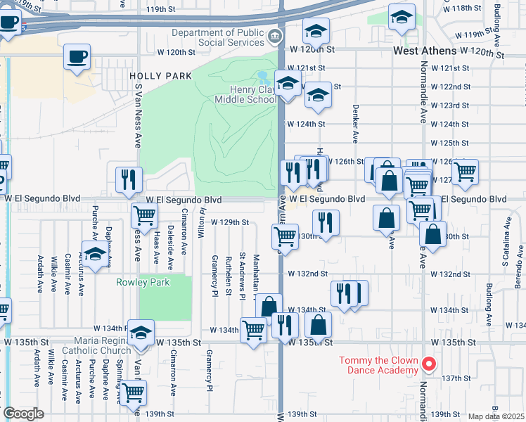 map of restaurants, bars, coffee shops, grocery stores, and more near 1818 West El Segundo Boulevard in Gardena
