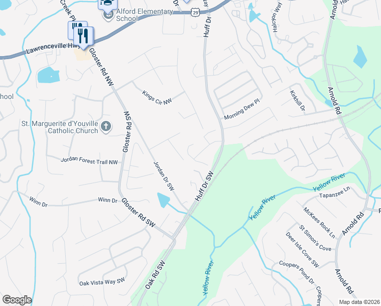 map of restaurants, bars, coffee shops, grocery stores, and more near 88 Gloster Park Court in Lawrenceville