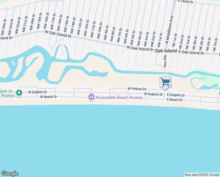 map of restaurants, bars, coffee shops, grocery stores, and more near 2532 W Pelican Dr in Oak Island