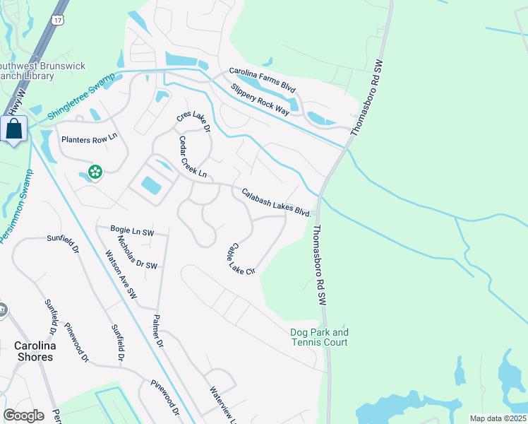 map of restaurants, bars, coffee shops, grocery stores, and more near 10 Calabash Lakes Boulevard in Calabash