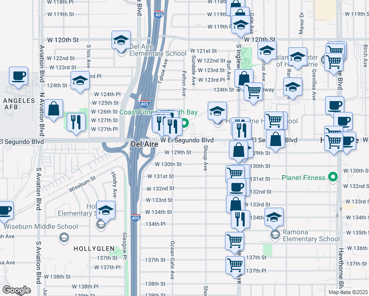 map of restaurants, bars, coffee shops, grocery stores, and more near 5009 West 129th Street in Hawthorne