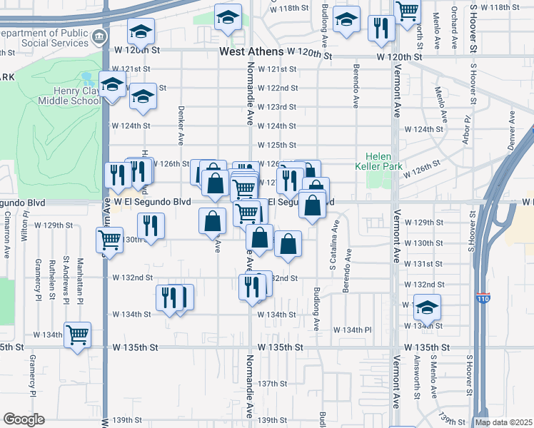 map of restaurants, bars, coffee shops, grocery stores, and more near 1303 West El Segundo Boulevard in Gardena