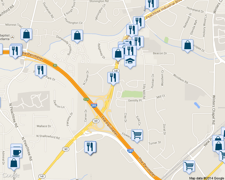 map of restaurants, bars, coffee shops, grocery stores, and more near 6259 Peachtree Industrial Blvd in Atlanta