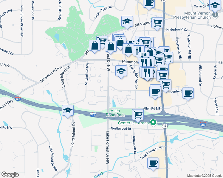 map of restaurants, bars, coffee shops, grocery stores, and more near 580 Cliftwood Court in Sandy Springs