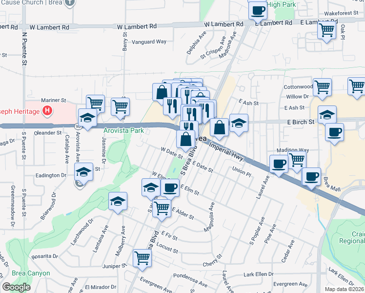map of restaurants, bars, coffee shops, grocery stores, and more near in Brea