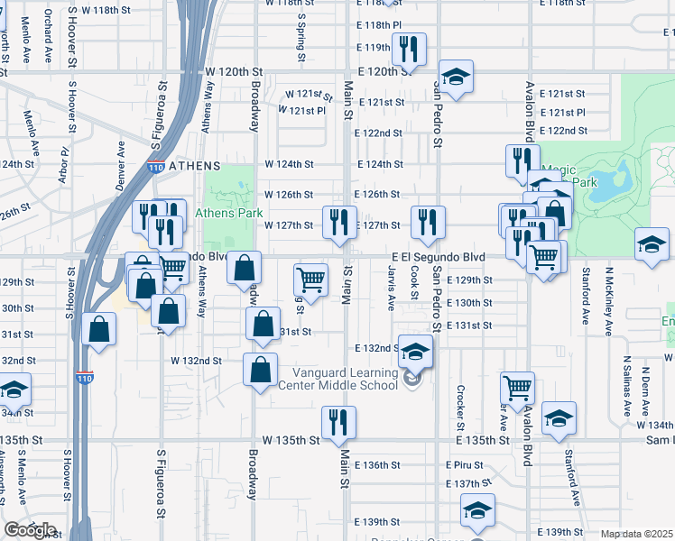 map of restaurants, bars, coffee shops, grocery stores, and more near 125 West El Segundo Boulevard in Los Angeles