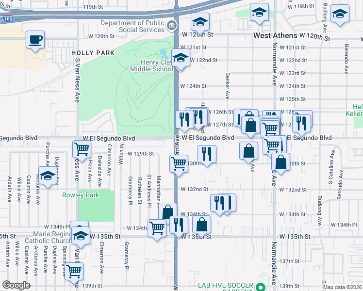 map of restaurants, bars, coffee shops, grocery stores, and more near 1733 West El Segundo Boulevard in Gardena