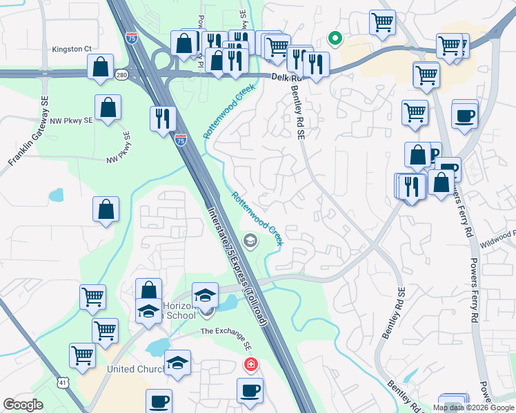 map of restaurants, bars, coffee shops, grocery stores, and more near Suwanee Way in Marietta