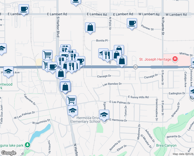 map of restaurants, bars, coffee shops, grocery stores, and more near 364 Cienaga Drive in Fullerton