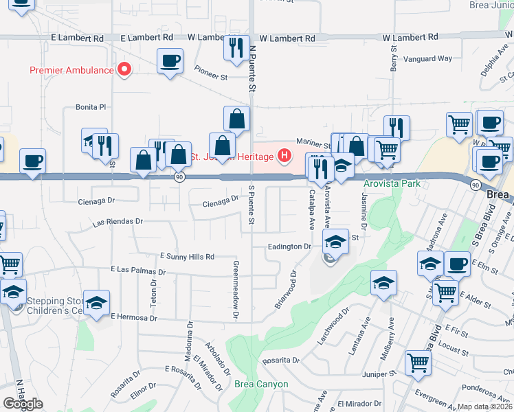 map of restaurants, bars, coffee shops, grocery stores, and more near 336 South Puente Street in Brea