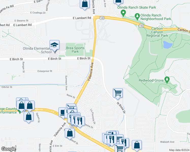 map of restaurants, bars, coffee shops, grocery stores, and more near 3368 Calle Luna Nueva in Brea