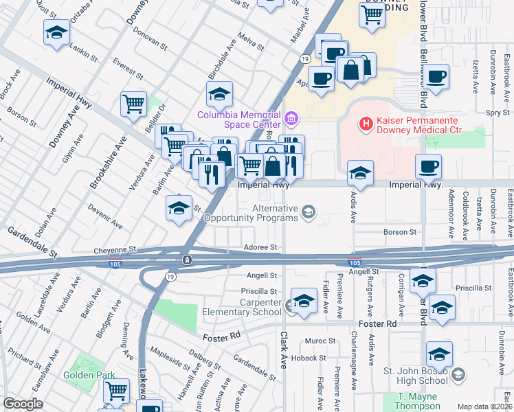 map of restaurants, bars, coffee shops, grocery stores, and more near 9060 Imperial Highway in Downey