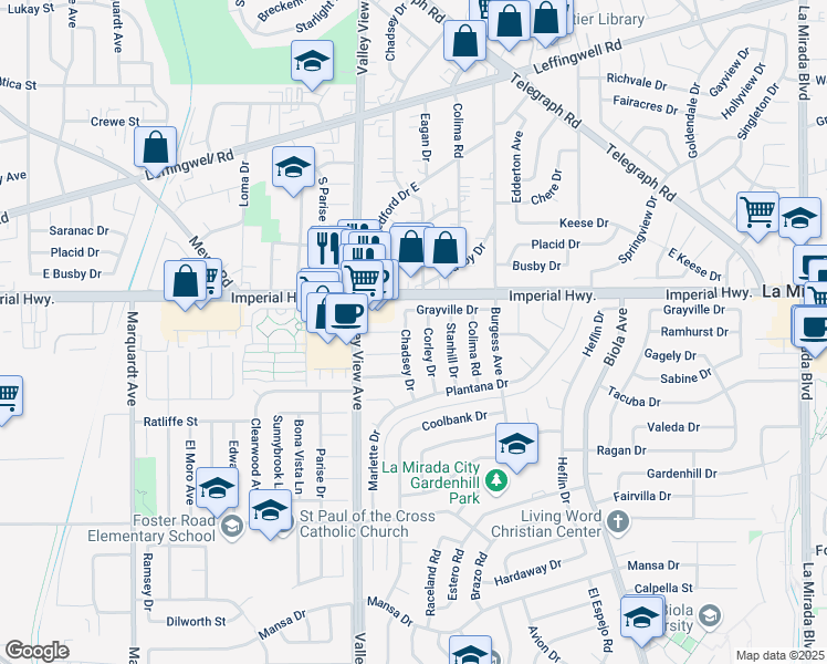 map of restaurants, bars, coffee shops, grocery stores, and more near 12707 Chadsey Drive in La Mirada