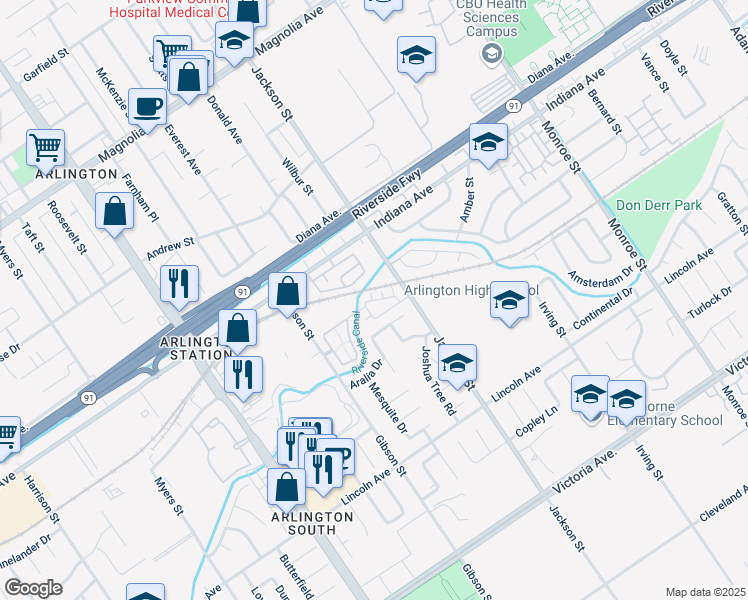 map of restaurants, bars, coffee shops, grocery stores, and more near 3198 Jackson Street in Riverside