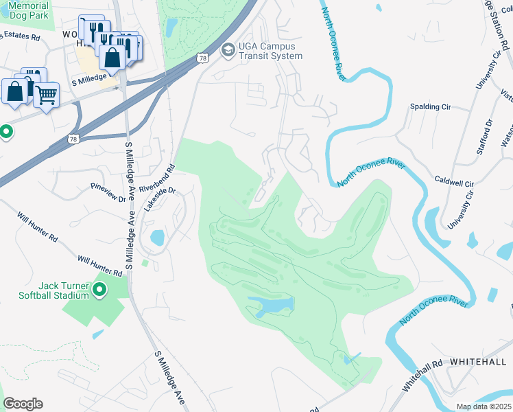 map of restaurants, bars, coffee shops, grocery stores, and more near 205 Woodstone Drive in Athens