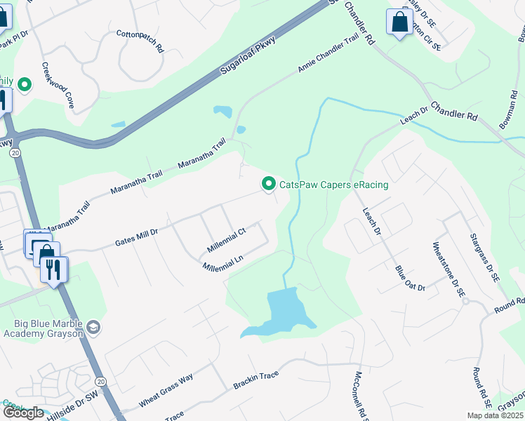 map of restaurants, bars, coffee shops, grocery stores, and more near 65 Millennial Court in Lawrenceville