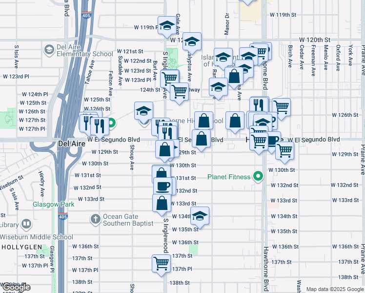 map of restaurants, bars, coffee shops, grocery stores, and more near 4743 West El Segundo Boulevard in Hawthorne