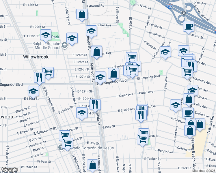 map of restaurants, bars, coffee shops, grocery stores, and more near 406 East El Segundo Boulevard in Compton