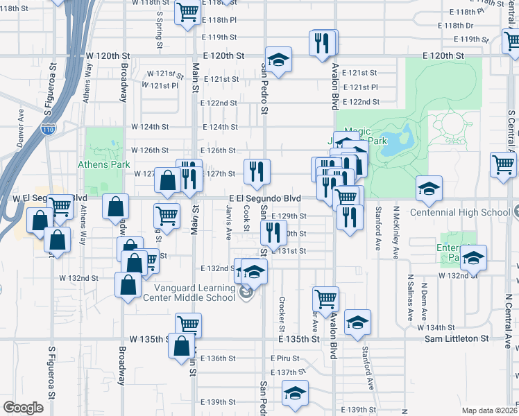map of restaurants, bars, coffee shops, grocery stores, and more near 12815 San Pedro Street in Los Angeles