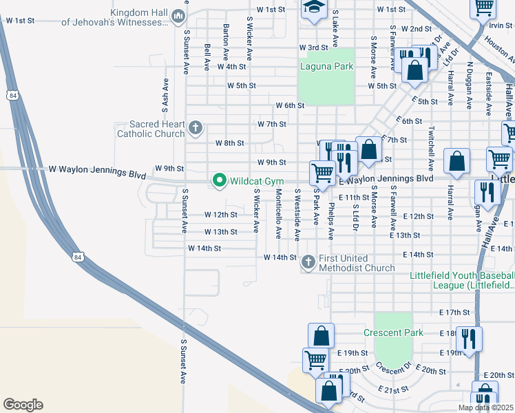 map of restaurants, bars, coffee shops, grocery stores, and more near 1021 West 11th Street in Littlefield