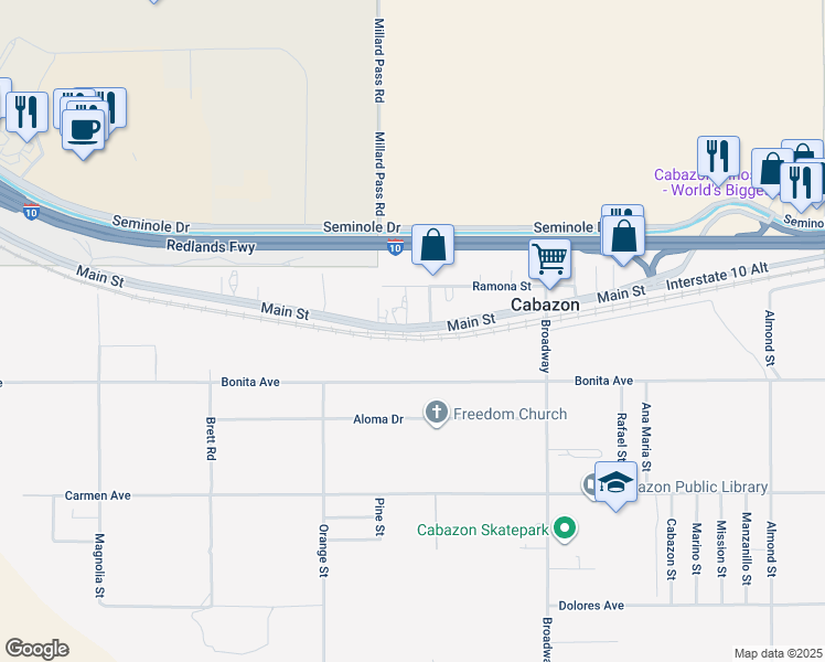 map of restaurants, bars, coffee shops, grocery stores, and more near 50044 Main Street in Cabazon