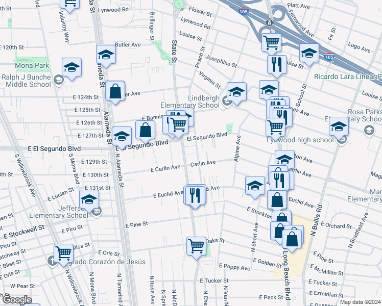 map of restaurants, bars, coffee shops, grocery stores, and more near 12201 Peach Street in Lynwood