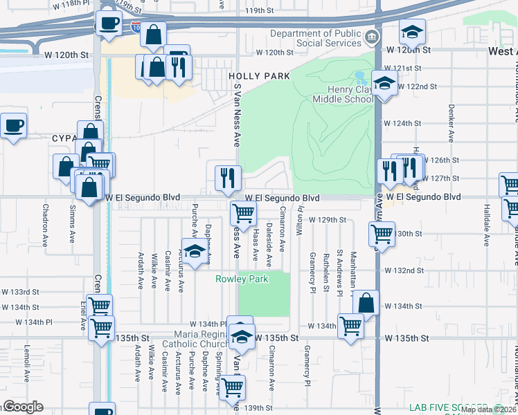 map of restaurants, bars, coffee shops, grocery stores, and more near 2126 West El Segundo Boulevard in Gardena