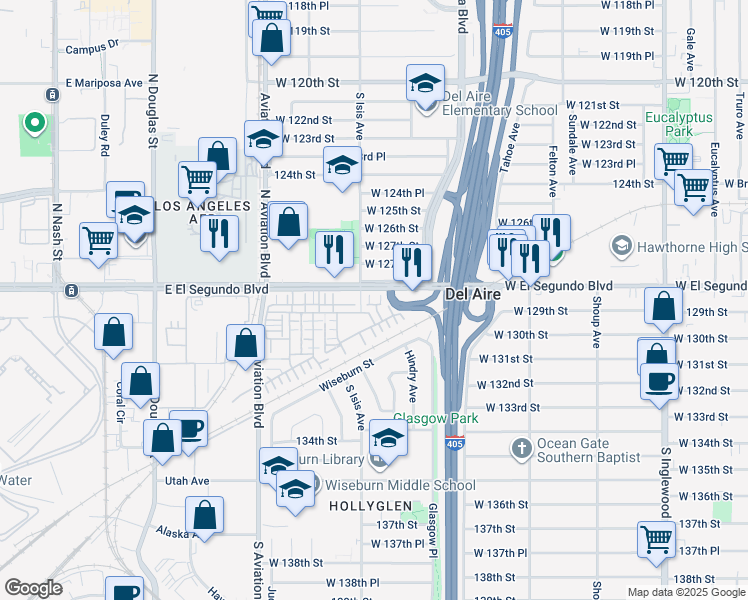 map of restaurants, bars, coffee shops, grocery stores, and more near 5361 El Segundo Boulevard in Hawthorne