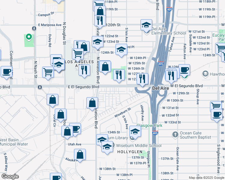 map of restaurants, bars, coffee shops, grocery stores, and more near 2477 East El Segundo Boulevard in El Segundo