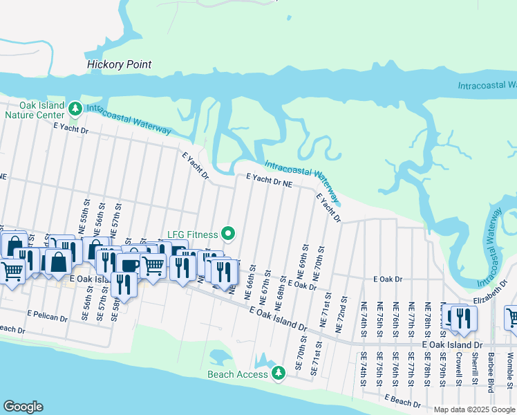 map of restaurants, bars, coffee shops, grocery stores, and more near 251 NE 66th St in Oak Island