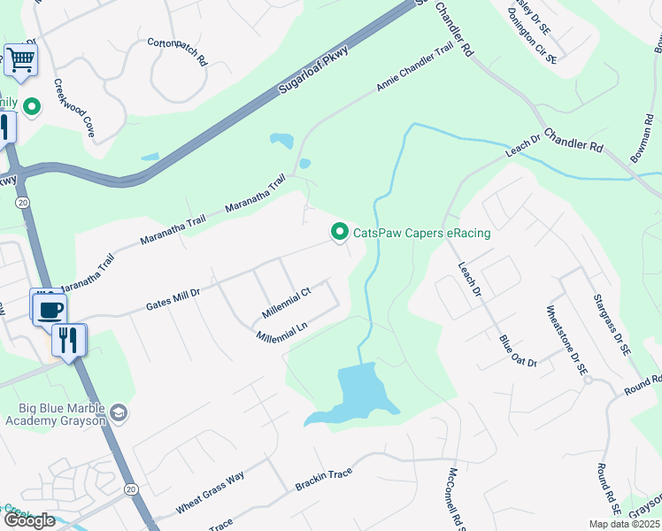 map of restaurants, bars, coffee shops, grocery stores, and more near 65 Millennial Court in Lawrenceville