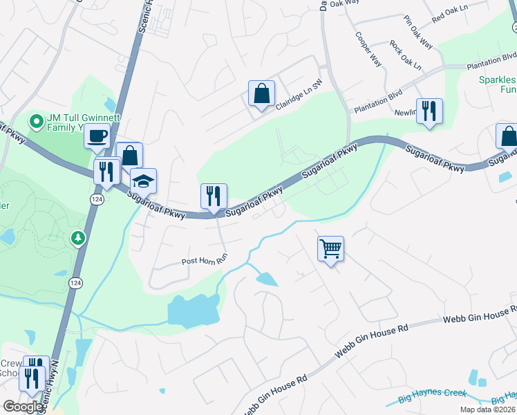 map of restaurants, bars, coffee shops, grocery stores, and more near 2525 Sugarloaf Parkway in Lawrenceville