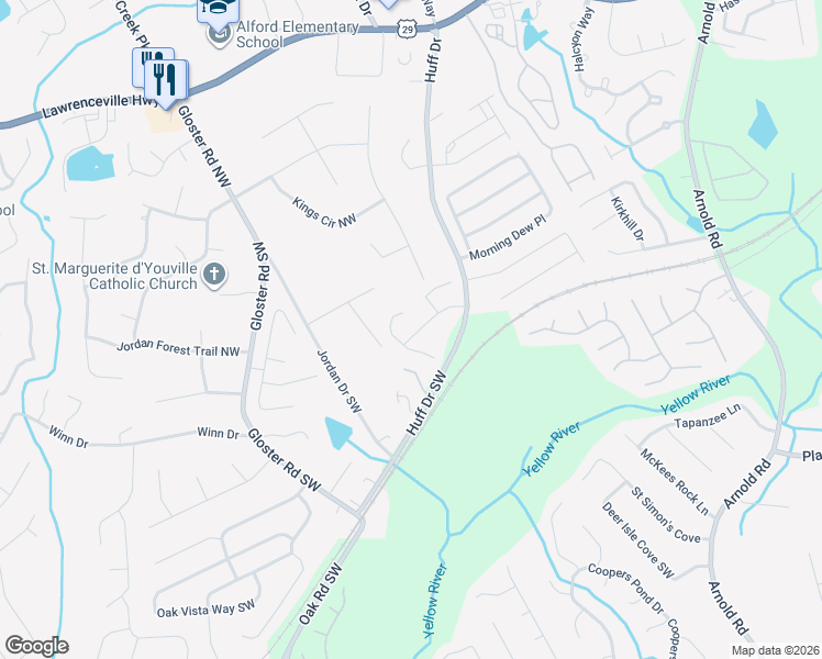 map of restaurants, bars, coffee shops, grocery stores, and more near 2635 Gloster Mill Drive Southwest in Lawrenceville