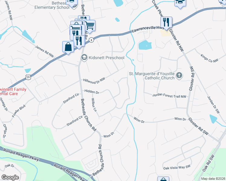 map of restaurants, bars, coffee shops, grocery stores, and more near 3025 Hidden Drive in Lawrenceville