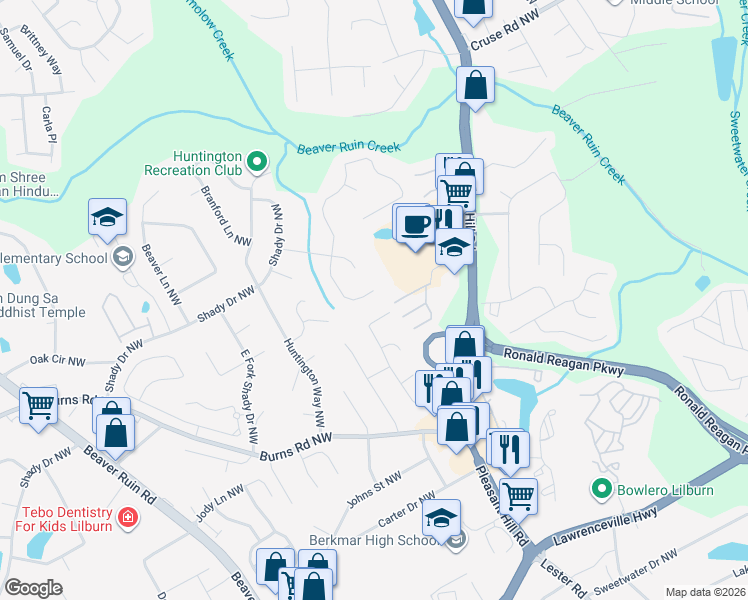 map of restaurants, bars, coffee shops, grocery stores, and more near 678 Saybrook Circle Northwest in Lilburn