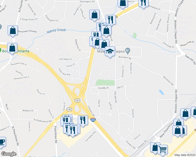 map of restaurants, bars, coffee shops, grocery stores, and more near 2612 Avery Park Circle in Doraville
