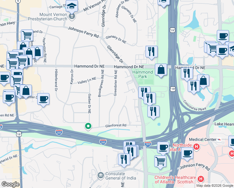 map of restaurants, bars, coffee shops, grocery stores, and more near 5926 Greenbrier Road Northeast in Atlanta