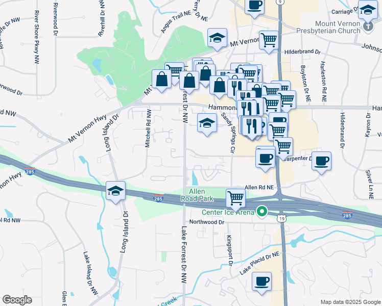 map of restaurants, bars, coffee shops, grocery stores, and more near 580 Cliftwood Court in Sandy Springs