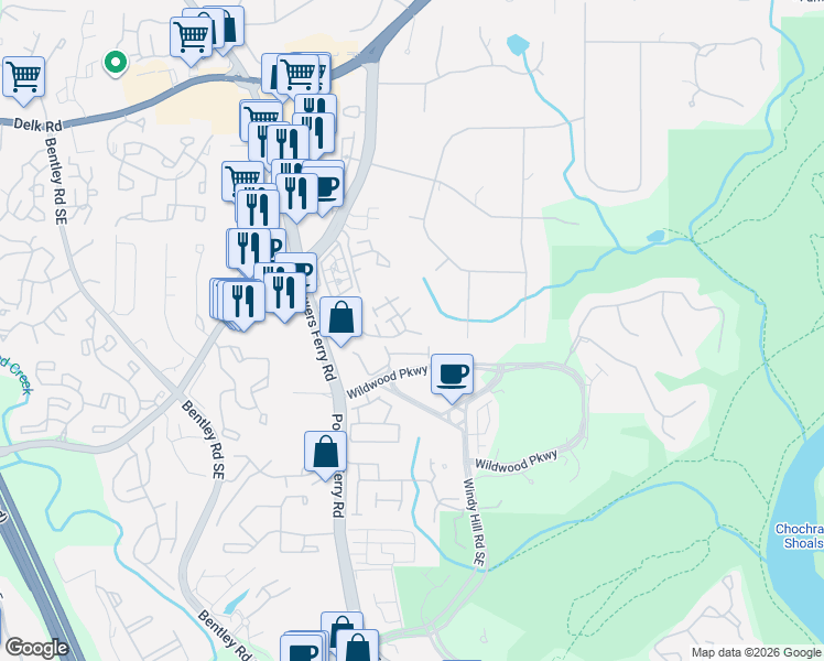 map of restaurants, bars, coffee shops, grocery stores, and more near 3066 Balearic Drive Southeast in Marietta