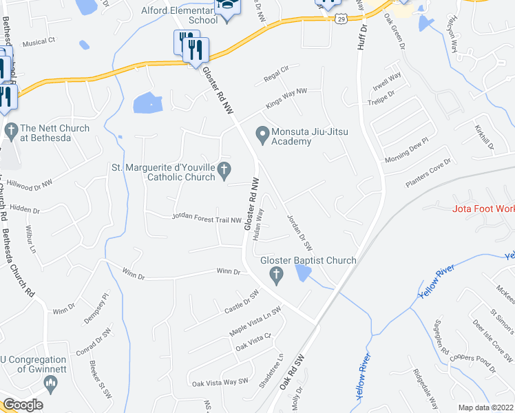 map of restaurants, bars, coffee shops, grocery stores, and more near 310 Hulan Way in Lawrenceville