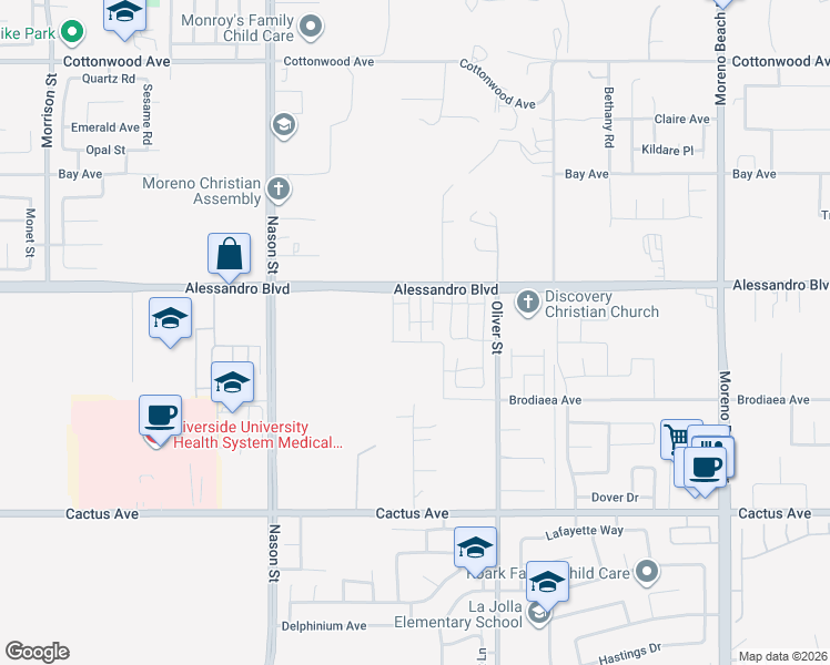 map of restaurants, bars, coffee shops, grocery stores, and more near 14076 Carina Street in Moreno Valley