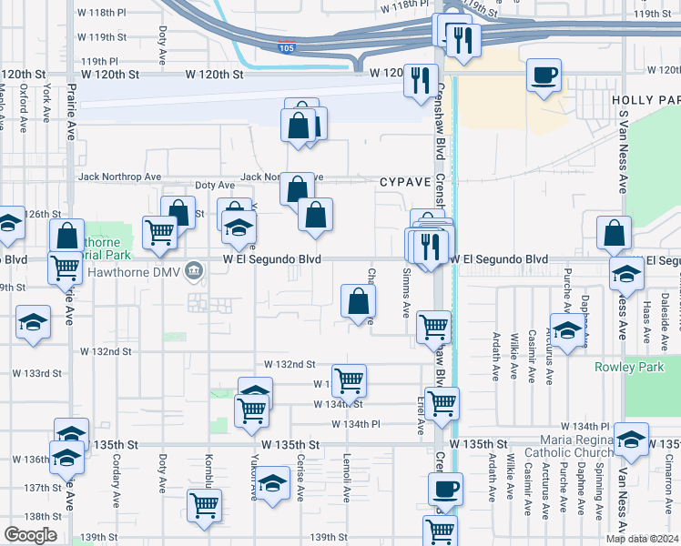 map of restaurants, bars, coffee shops, grocery stores, and more near 3253-3295 W El Segundo Blvd in Hawthorne