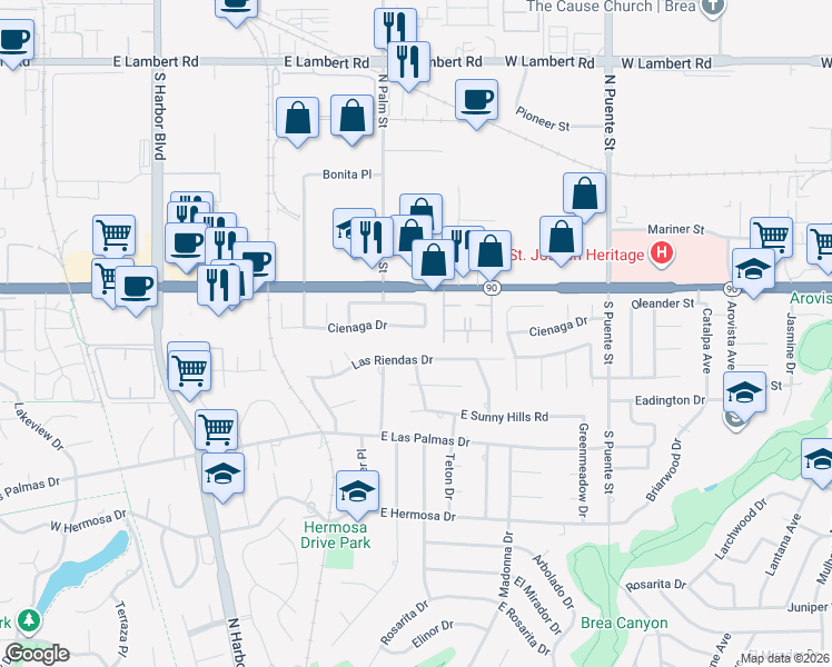 map of restaurants, bars, coffee shops, grocery stores, and more near 480 Cienaga Drive in Fullerton