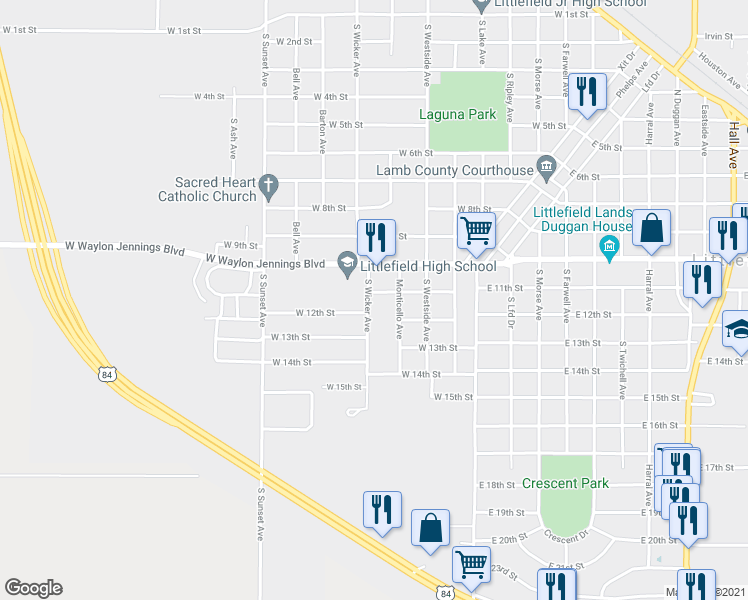 map of restaurants, bars, coffee shops, grocery stores, and more near 1100 South Wicker Avenue in Littlefield