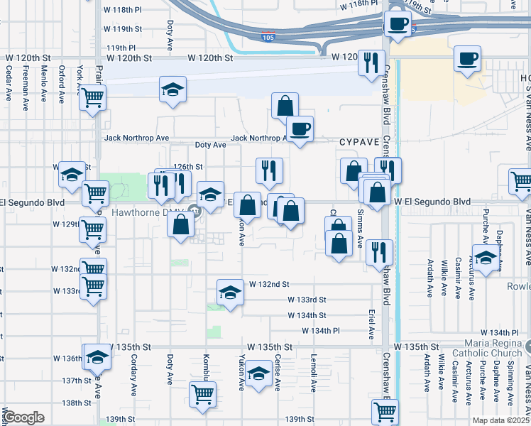 map of restaurants, bars, coffee shops, grocery stores, and more near 3440 El Segundo Boulevard in Hawthorne