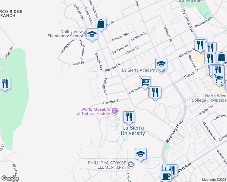 map of restaurants, bars, coffee shops, grocery stores, and more near 11656 Doverwood Drive in Riverside